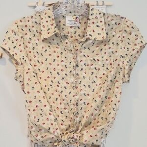 Thursday Island Creamy Tan Floral Cap Sleeve Ruffle Detail Button-up Shirt, XS